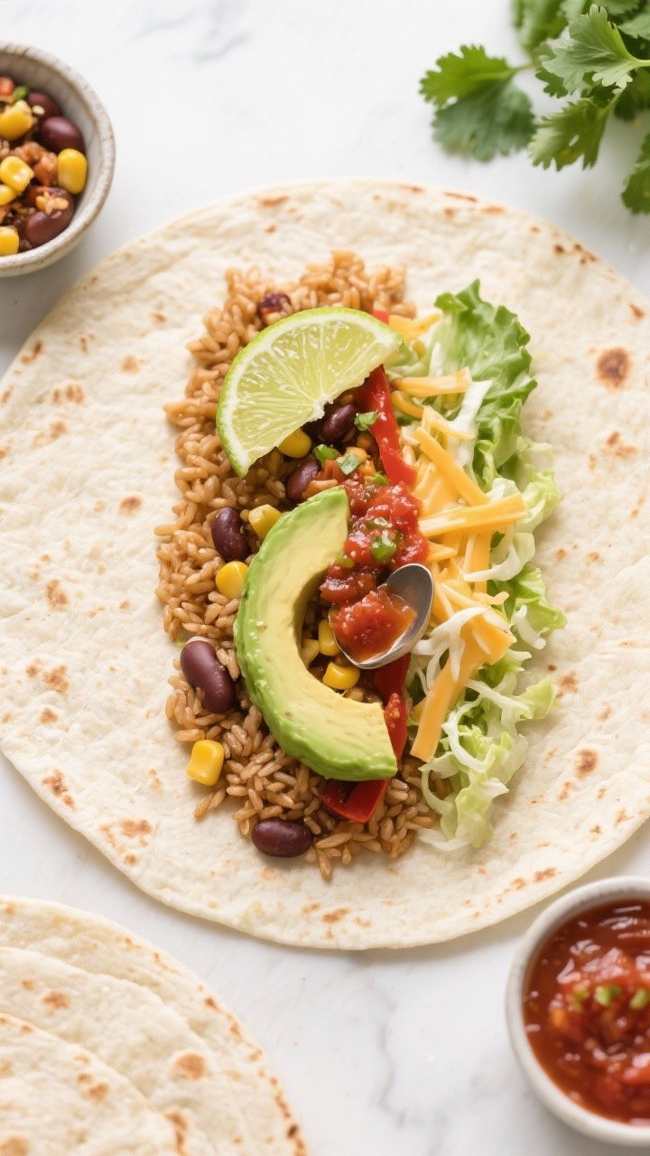 Tasty top view: Overhead shot of a burrito assembly scene—warmed flour tortilla laid flat with a n