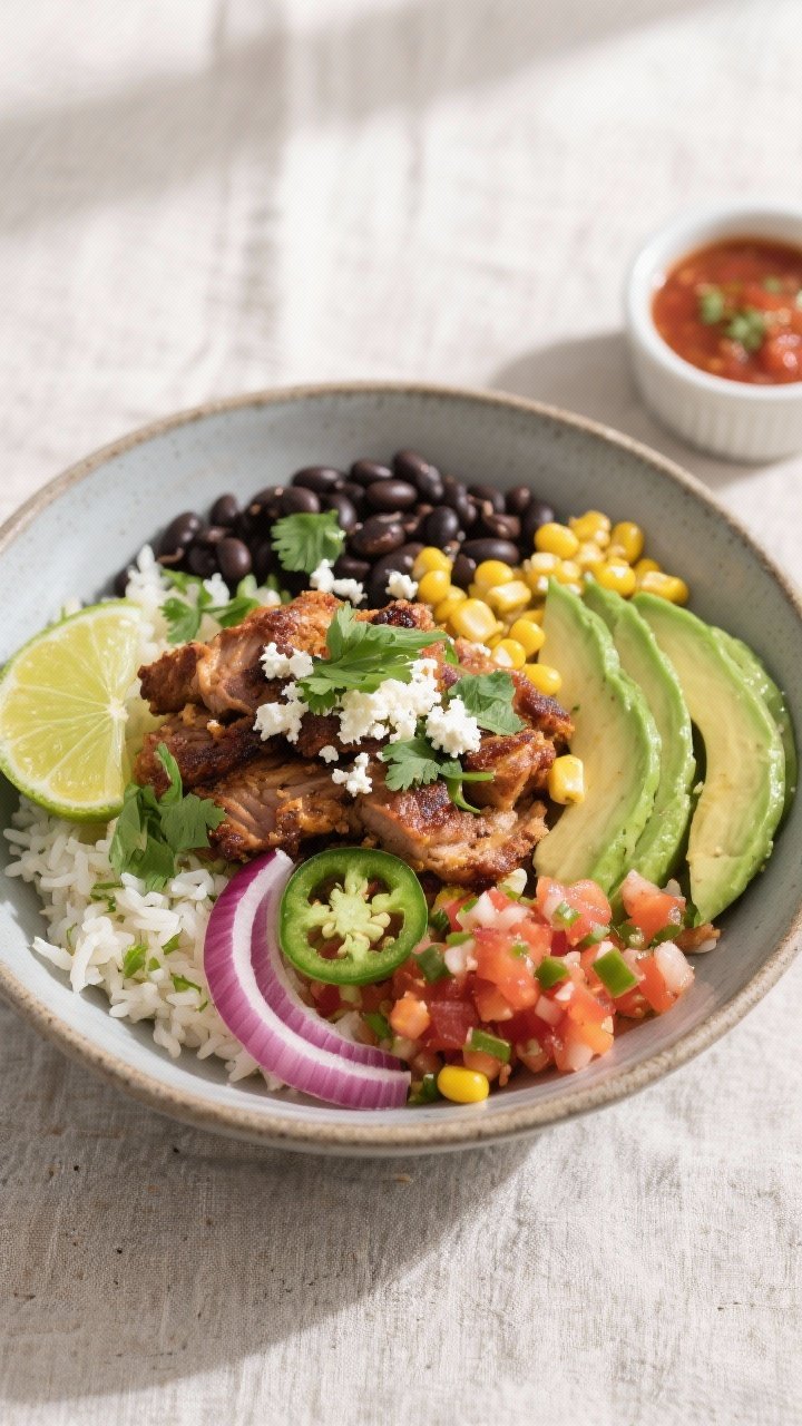 Tasty top view: Overhead shot of a Carnitas Bowl assembled with fluffy cilantro-lime rice (visible l