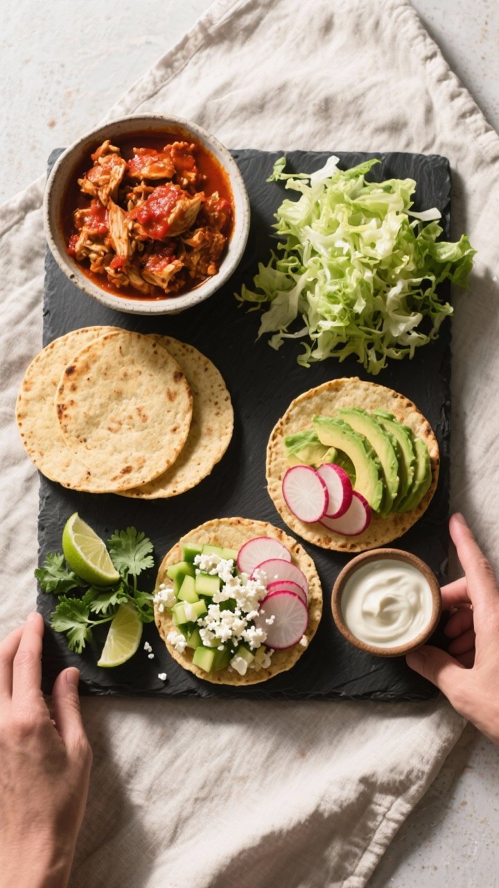 Tasty top view: Overhead shot of a DIY tostada assembly spread—crisp, warmed tostada shells; a bow