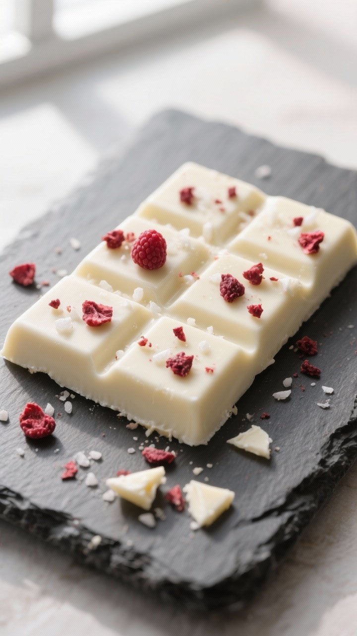 Tasty top view: overhead shot of a finished white chocolate bar snapped into squares, crisp clean ed