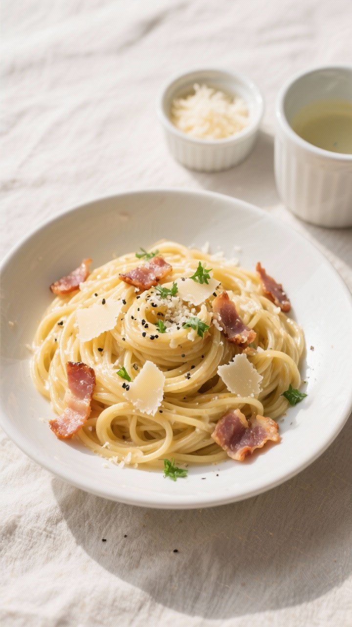 Tasty top view: Overhead shot of a heaping twirl of cheesy spaghetti carbonara in a matte white bowl