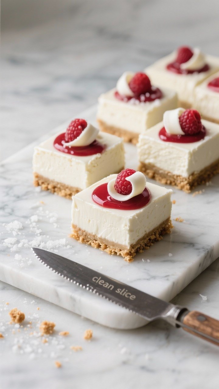 Tasty top view: Overhead shot of chilled white chocolate cheesecake bars freshly sliced into neat sq
