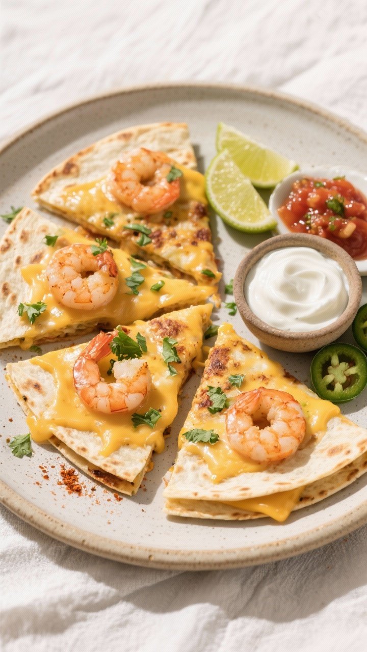 Tasty top view: Overhead shot of finished shrimp quesadillas cut into wedges on a neutral ceramic pl