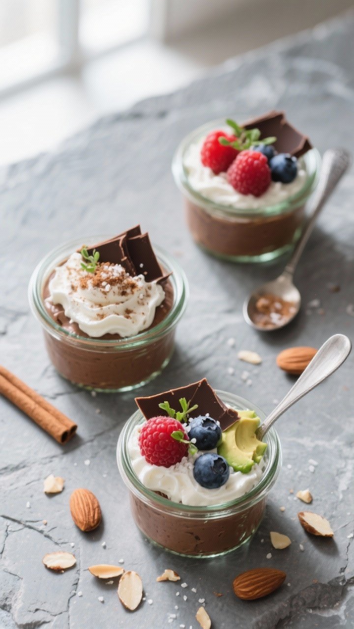 Tasty top view: Overhead shot of sugar-free avocado chocolate mousse spooned into small glass jars,