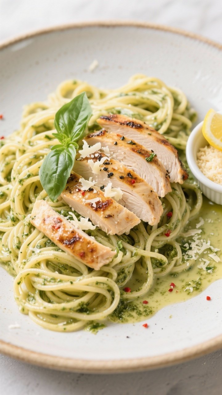 Tasty top view: Overhead shot of the final plated Spaghetti With Creamy Pesto Alfredo and Grilled Ch