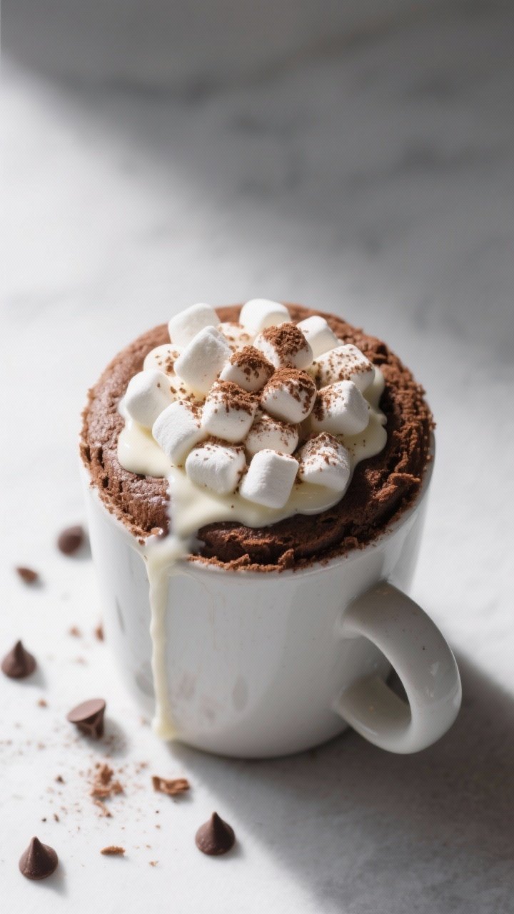 Tasty top view: Overhead shot of the finished hot cocoa mug cake topped with a layer of mini marshma