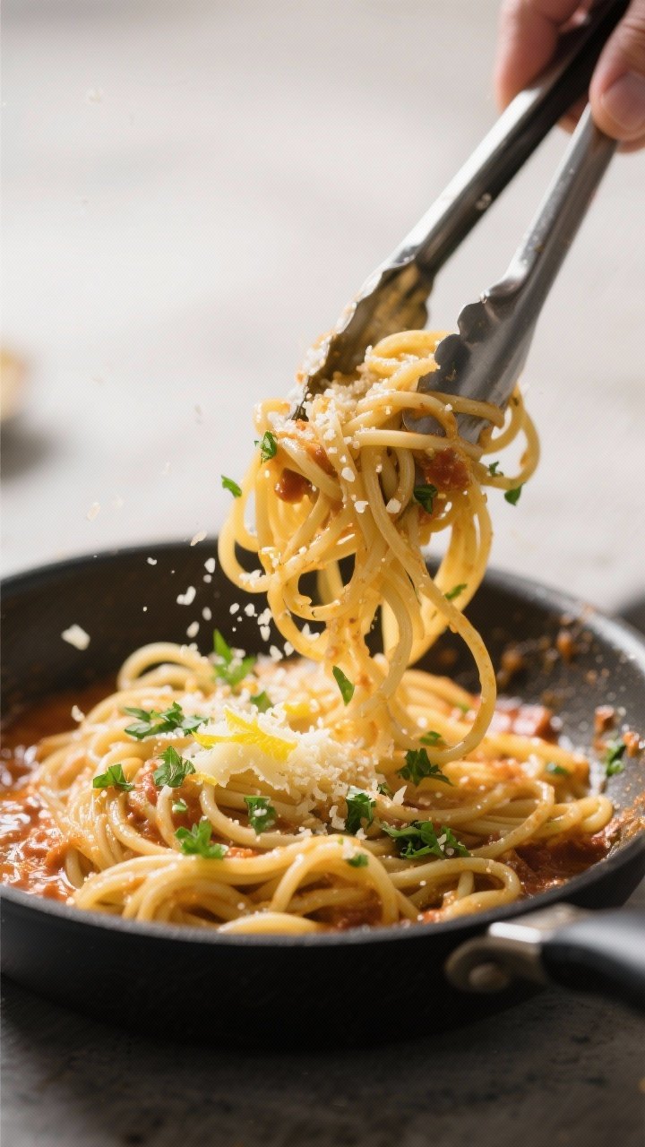 Tossing stage action shot: Al dente spaghetti just added to the skillet, strands being vigorously to
