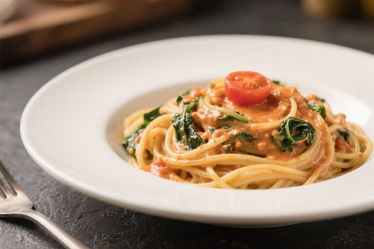 Spaghetti With Creamy Tomato and Spinach Alfredo Sauce – Comforting, Flavorful, and Weeknight-Friendly
