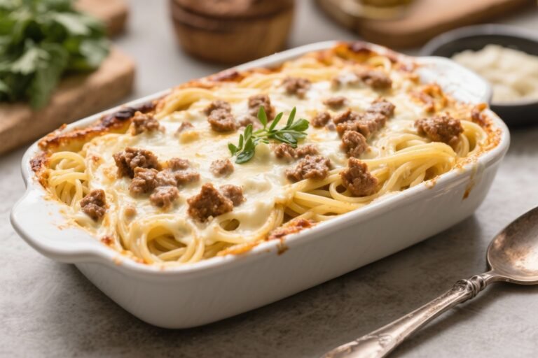 TikTok-Style Spaghetti Alfredo Bake With Creamy Meat Sauce – Cozy, Crowd-Pleasing Comfort Food