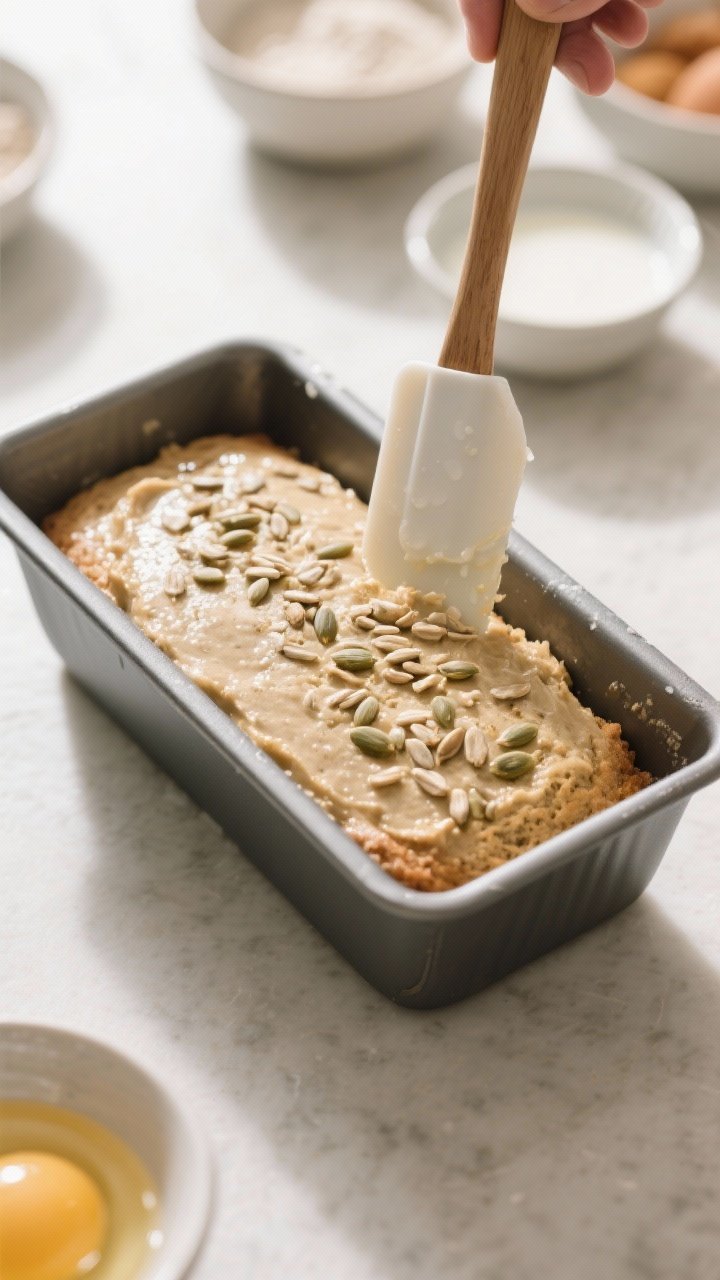 5-inch loaf pan with a damp spatula, top already leveled and seeds evenly scattered, showcasing the 