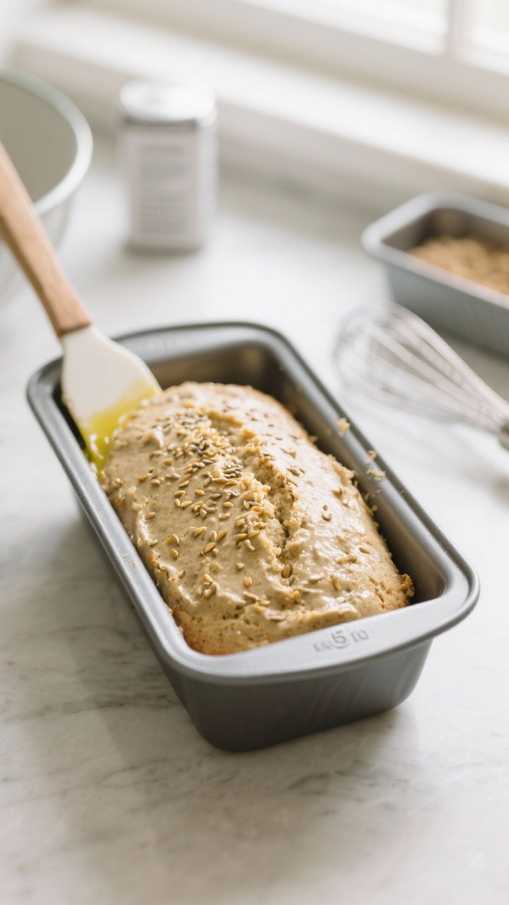 5-inch loaf pan with a spatula, center gently mounded for a better rise. Visible specks of golden fl