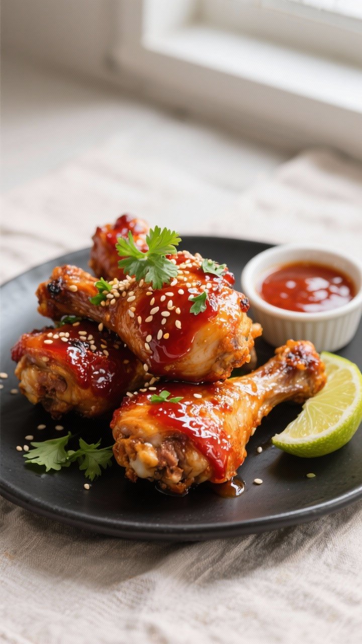 Beautifully plated Honey Sriracha Grilled Chicken Legs, three drumsticks stacked with a shiny, deep 