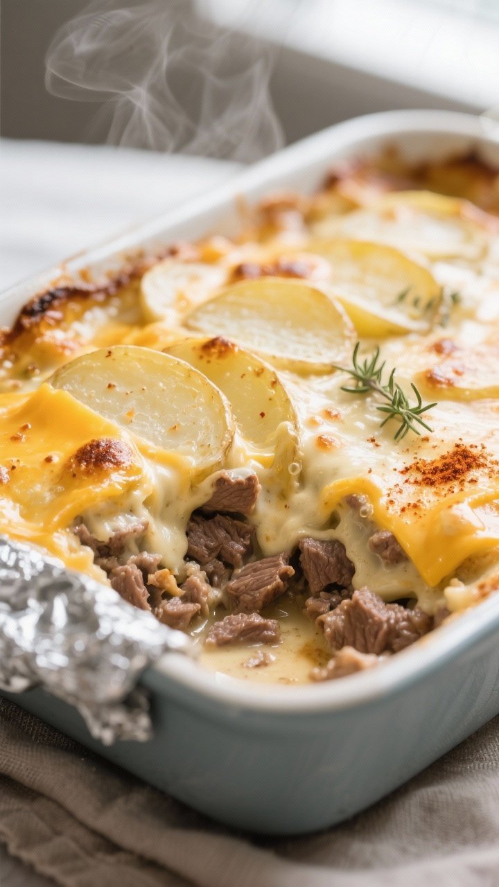 Close-up detail: A bubbling layer of creamy beef and potato casserole just after the foil is removed