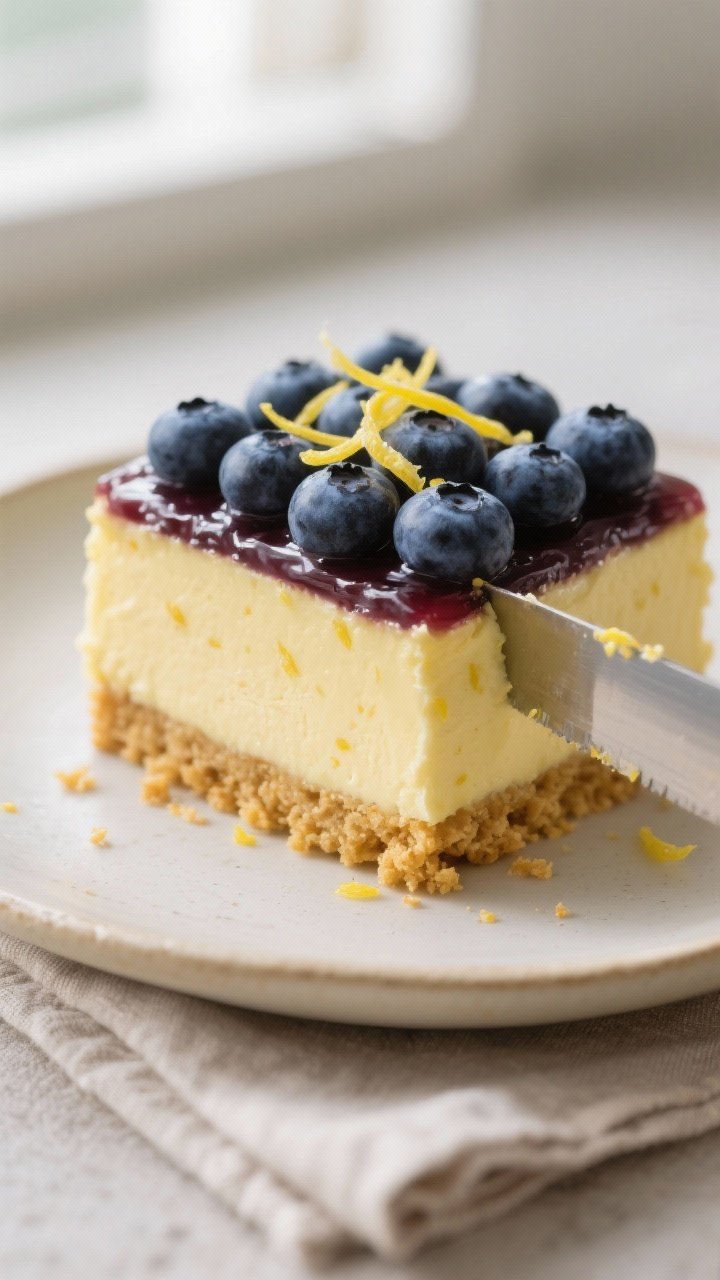 Close-up detail: A chilled square of no-bake blueberry lemon dessert just after slicing, showing dis