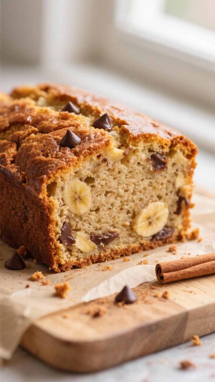 Close-up detail: A freshly baked banana bread slice with a crackly, golden brown sugar–cinnamon to