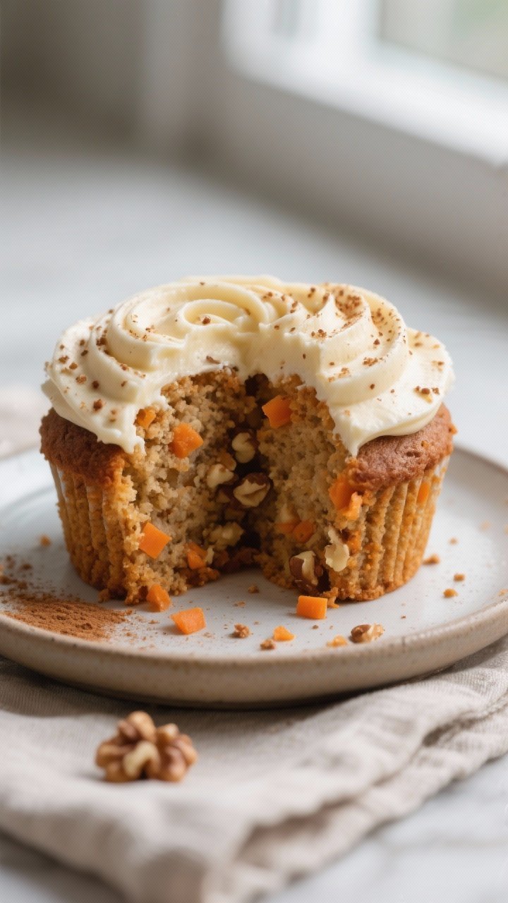 Close-up detail: A freshly baked carrot cake cupcake sliced in half to reveal a moist, tender crumb 