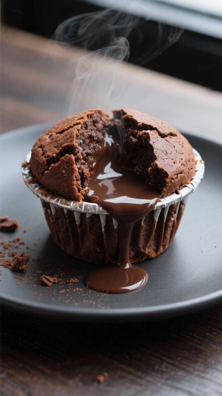 Close-up detail: A freshly baked chocolate lava muffin just released from the tin, split open to rev