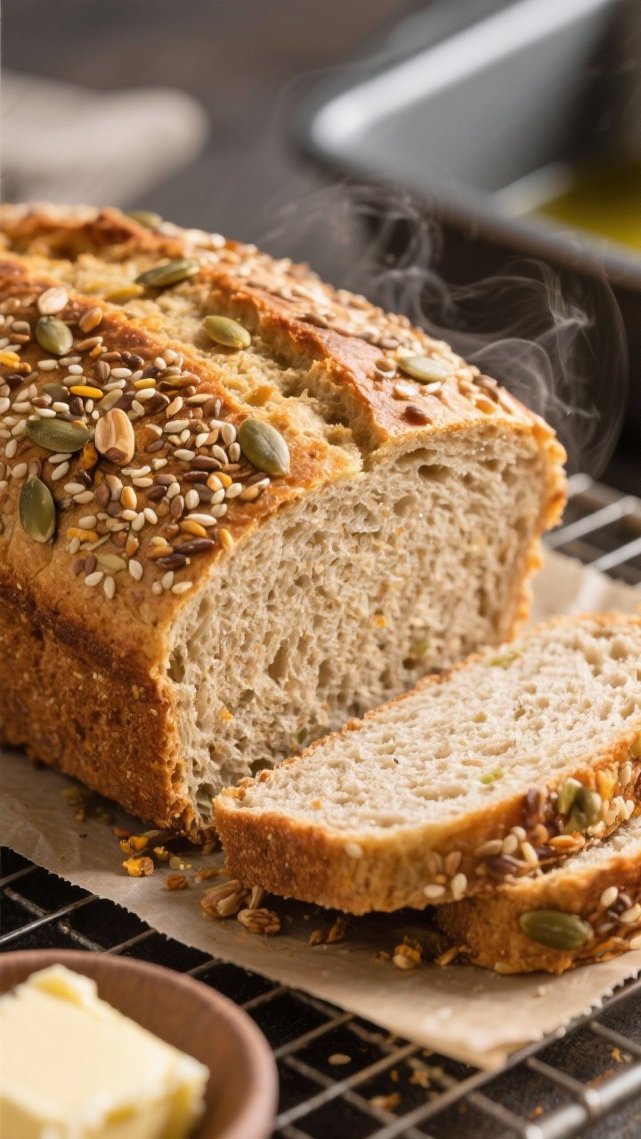 Close-up detail: A freshly baked keto flaxseed meal bread loaf just out of the pan, crust golden-bro