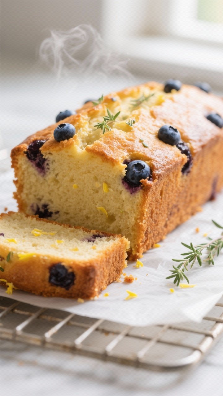 Close-up detail: A freshly baked lemon blueberry pound cake loaf just out of the pan on a cooling ra
