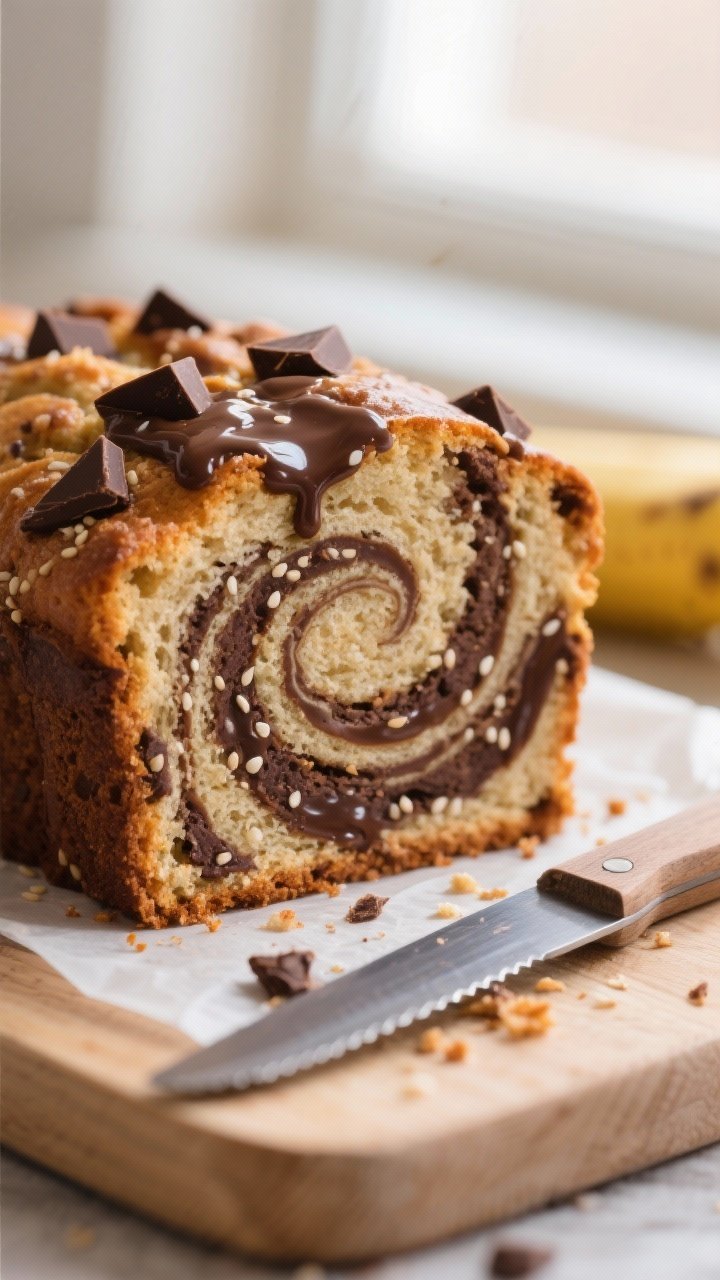 Close-up detail: A freshly baked slice of banana bread with dark chocolate chunks and a glossy tahin