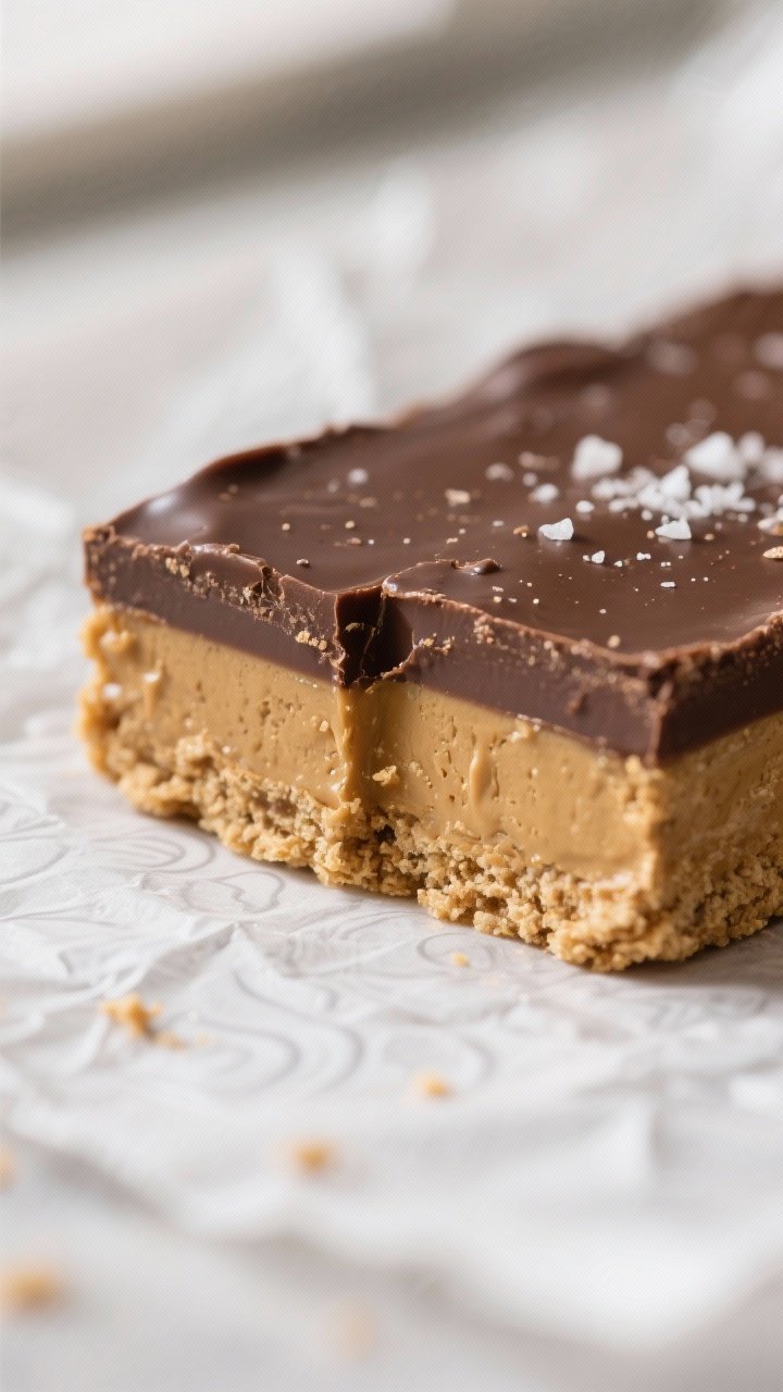 Close-up detail: A freshly sliced no-bake peanut butter chocolate bar, showing the clean, sharp two-