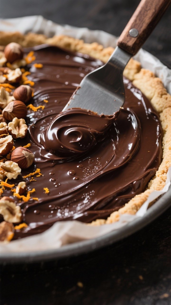 Close-up detail: A glossy dark chocolate ganache layer being smoothed over a compacted biscuit crust