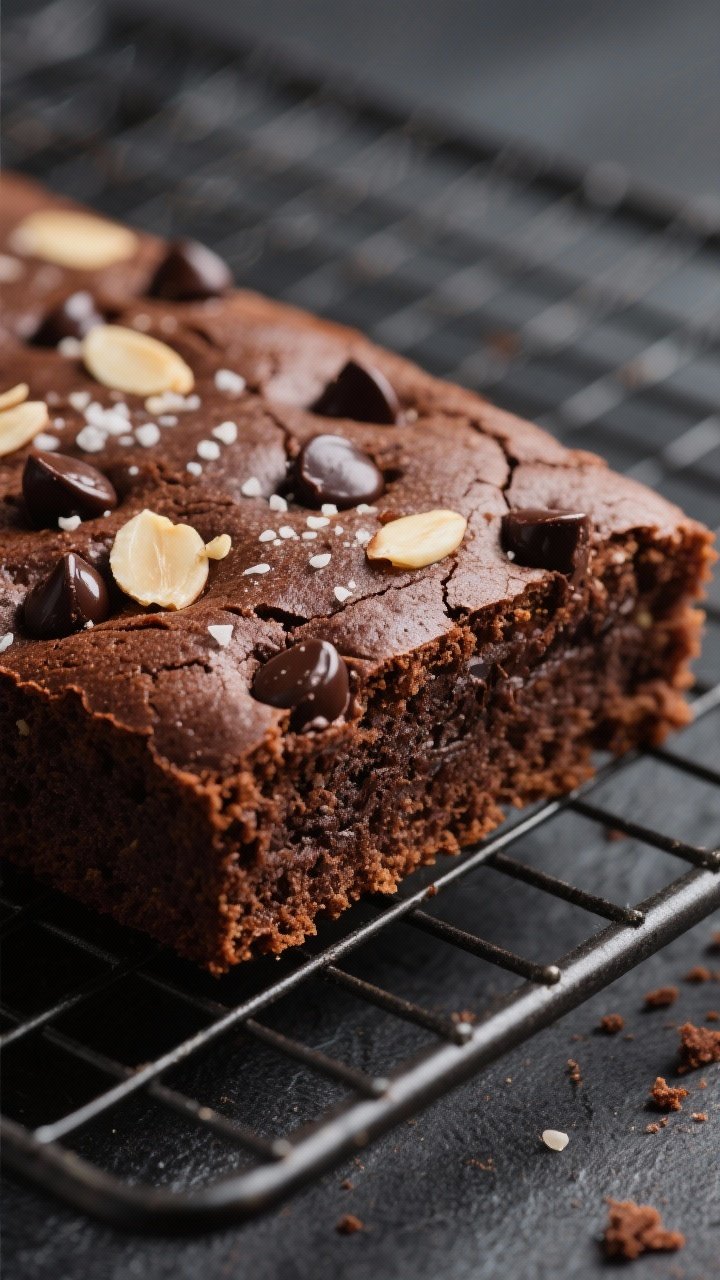 Close-up detail: A just-baked Dark Chocolate Almond Snack Cake square on a cooling rack, surface mat