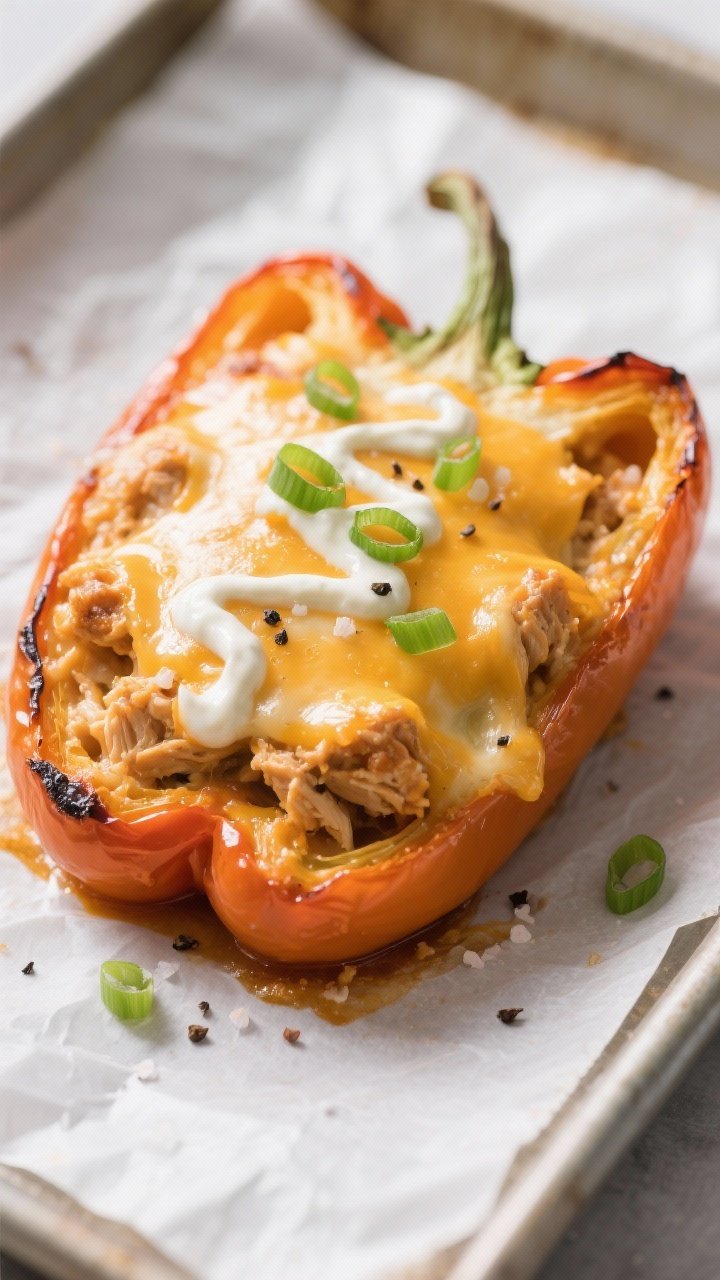 Close-up detail: A just-baked Keto Buffalo Chicken Stuffed Pepper half on a parchment-lined baking s