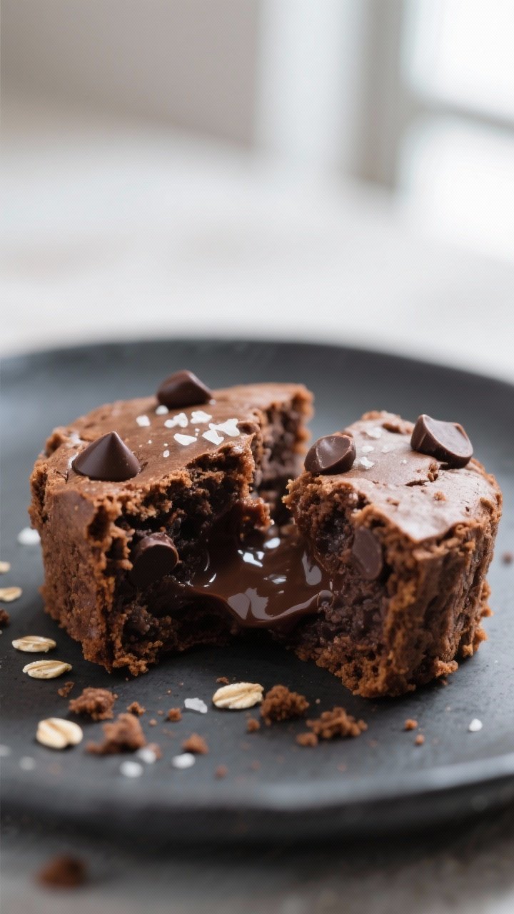 Close-up detail: A just-baked oat flour brownie bite split open to reveal a glossy, fudgy center wit