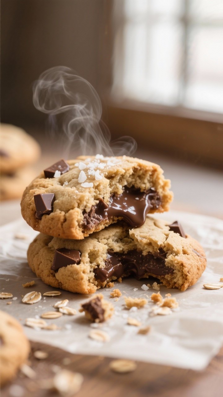 Close-up detail: A just-baked oat flour chocolate chip cookie broken in half, gooey semi-sweet choco