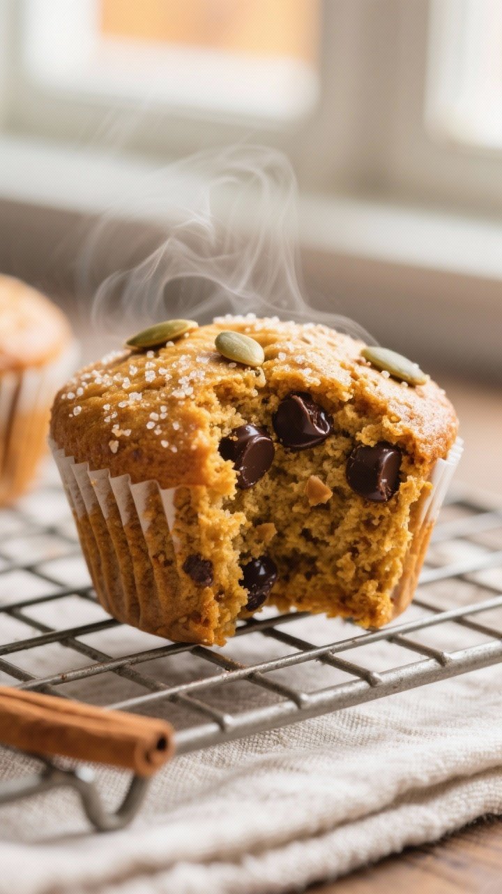 Close-up detail: A just-baked oat flour pumpkin muffin torn open on a wire rack, steam visible, show