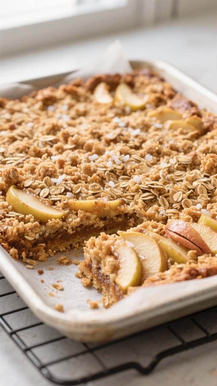 Close-up detail: A just-baked pan of Apple Pie Crumble Bars cooling on a rack, the oat-crumble top d