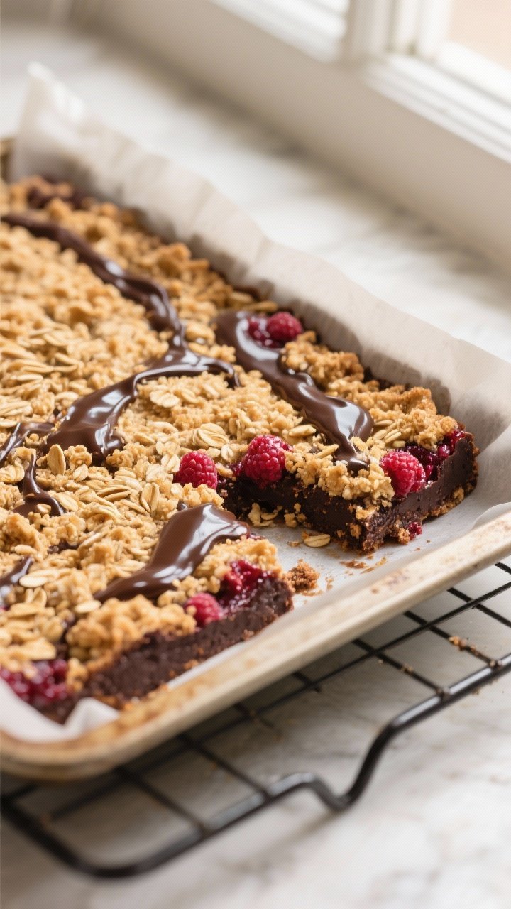 Close-up detail: A just-baked pan of Dark Chocolate Raspberry Crumble Bars cooling on a rack, showin