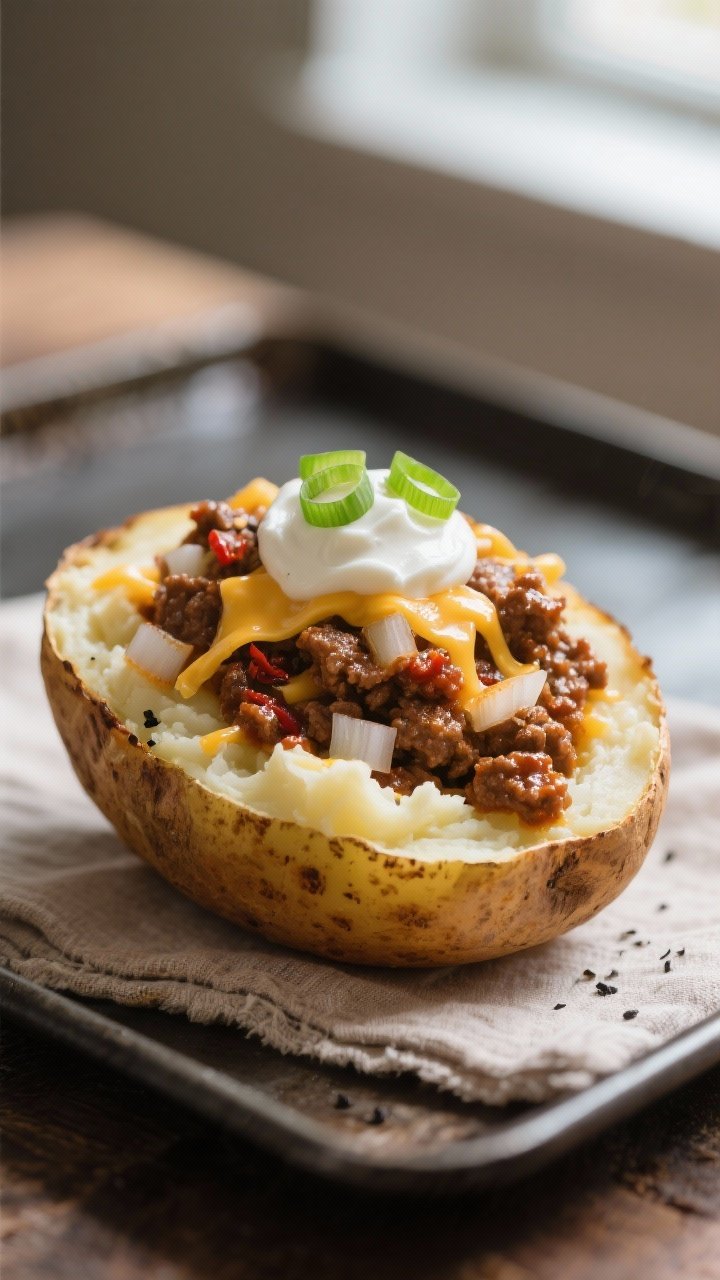 Close-up detail: A just-baked russet potato half turned into a “bowl,” edges crisp and blistered