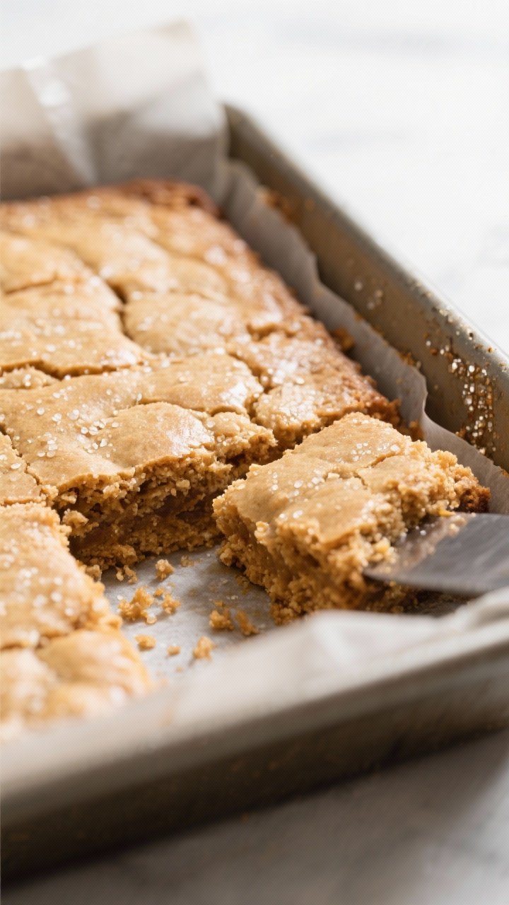 Close-up detail: A just-baked slab of Brown Butter Sugar Cookie Blondies still in the parchment-line