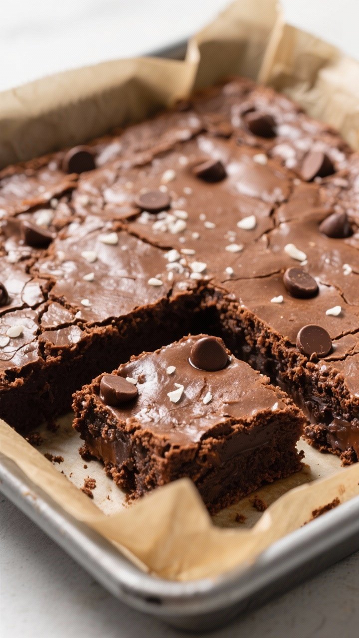 Close-up detail: A just-baked slab of keto chocolate almond flour brownies still in an 8x8 pan lined