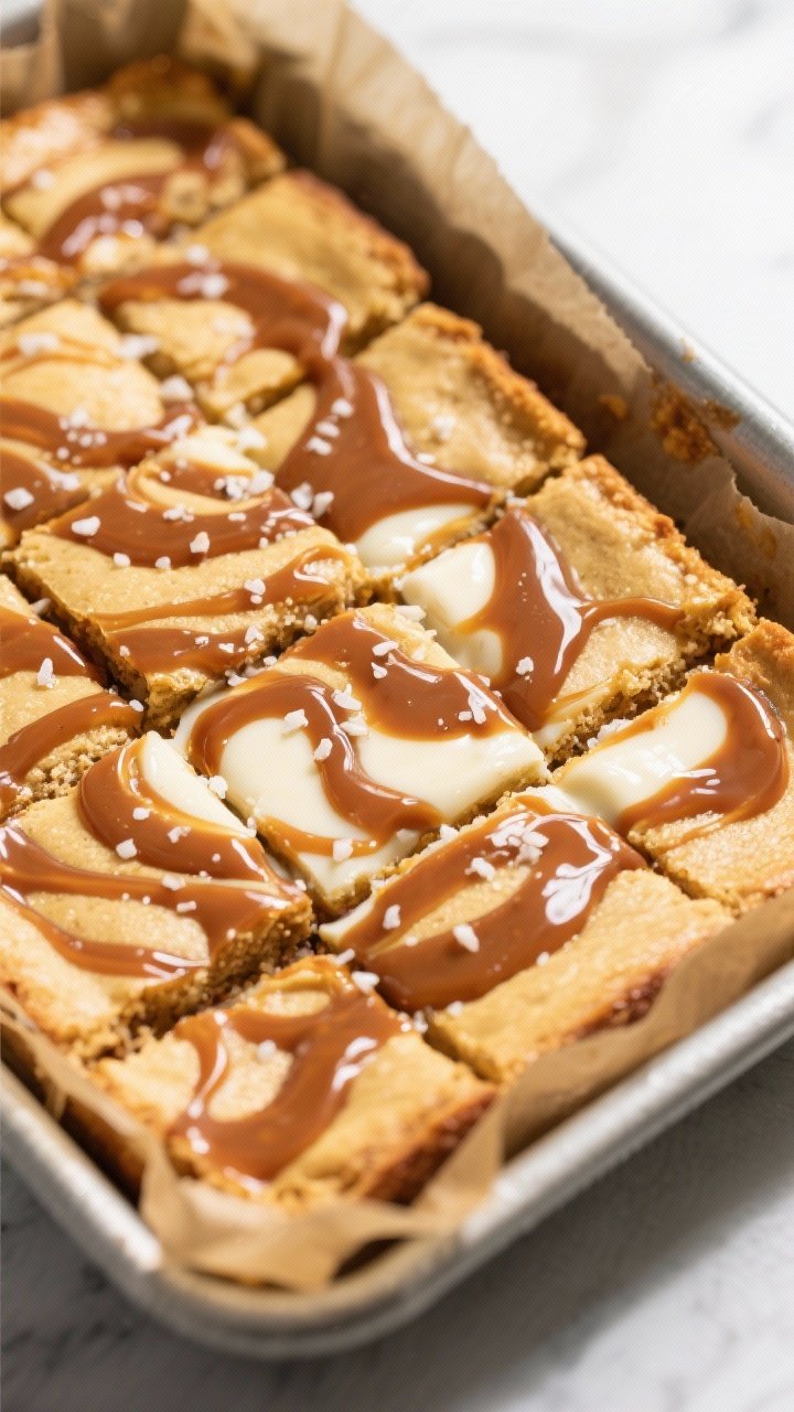 Close-up detail: A just-baked tray of miso caramel blondies in an 8-inch parchment-lined pan, edges 