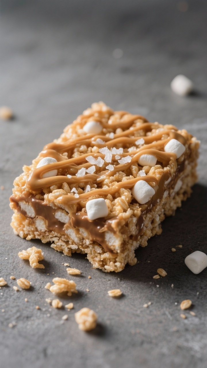 Close-up detail: A just-sliced Rice Krispie treat square with browned-butter sheen and visible pocke