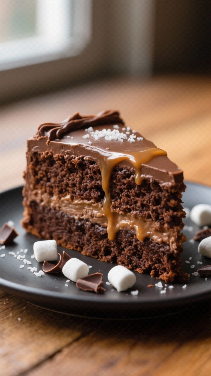 Close-up detail: A slice of Salted Caramel Hot Chocolate Cake just cut, showing ultra-moist, plush c