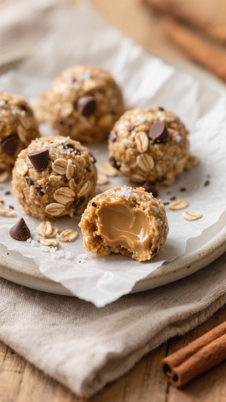 Close-up detail: A small parchment-lined plate of freshly rolled no-bake peanut butter oatmeal bites