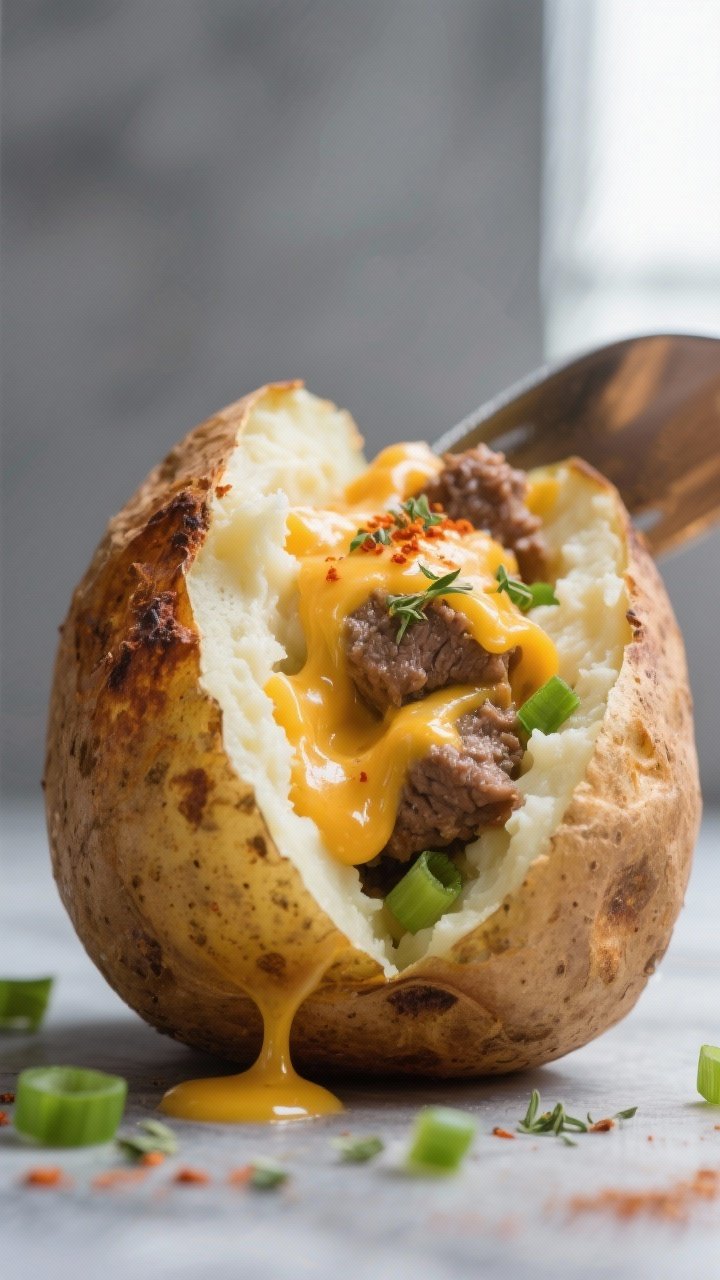 Close-up detail: A split-open baked russet potato with extra-crispy, blistered skin and a fluffy ste