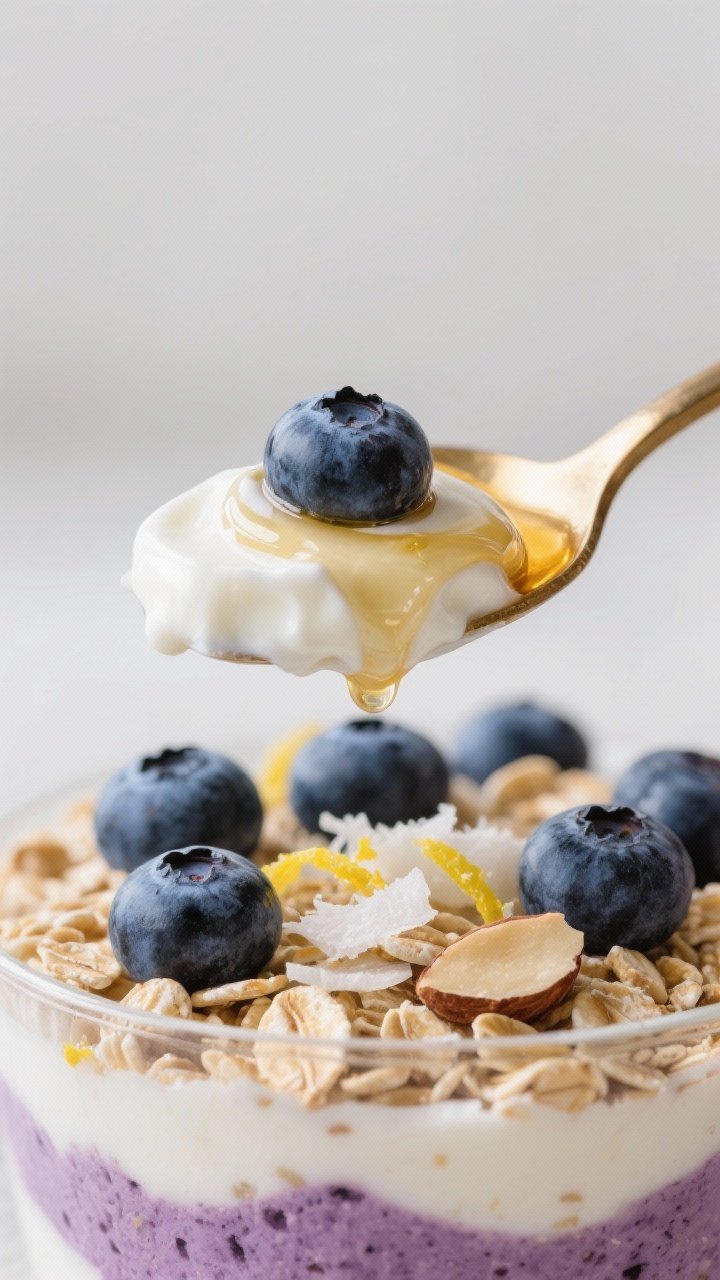 Close-up detail: A spoonful lifted from a prepared blueberry no-bake yogurt parfait, showing creamy 