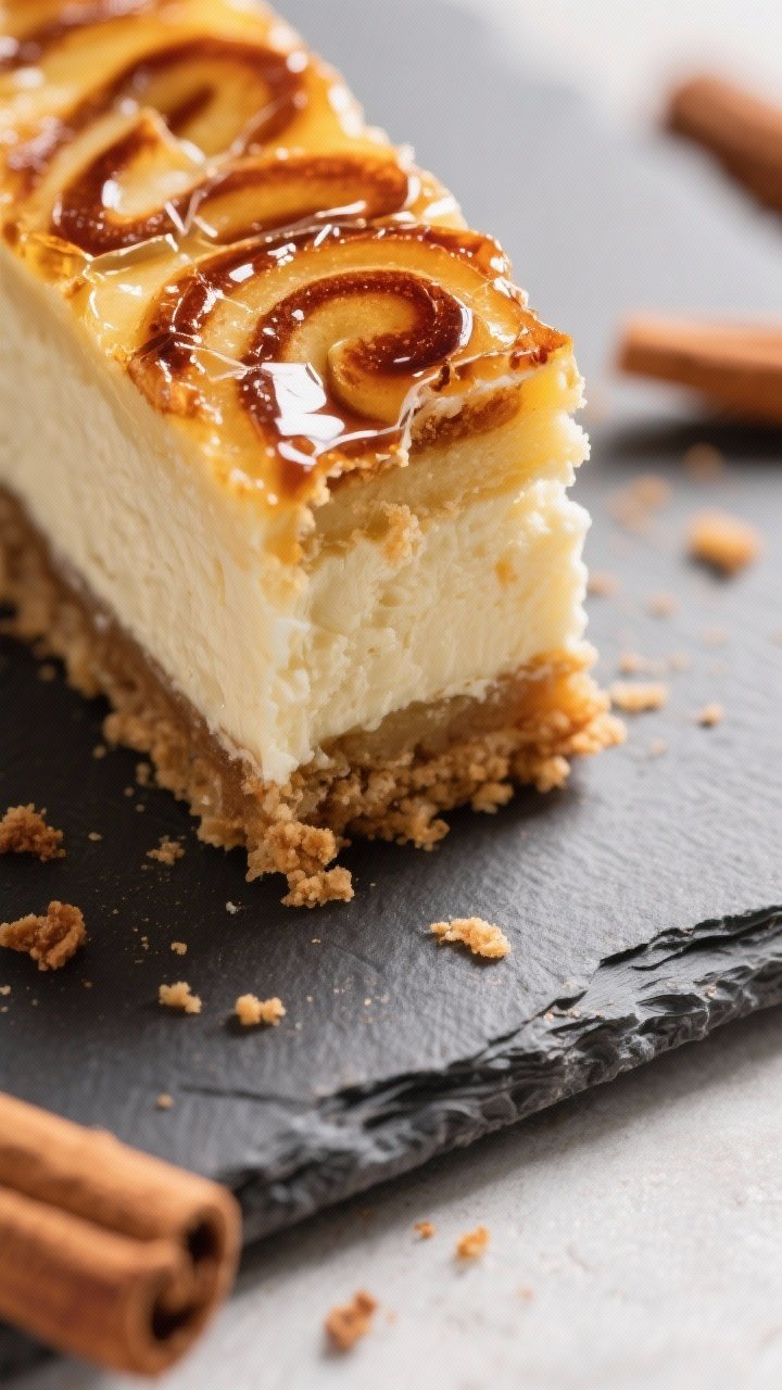 Close-up detail: A tight macro of a sliced Cinnamon Roll Cheesecake Bar showing distinct layers—go