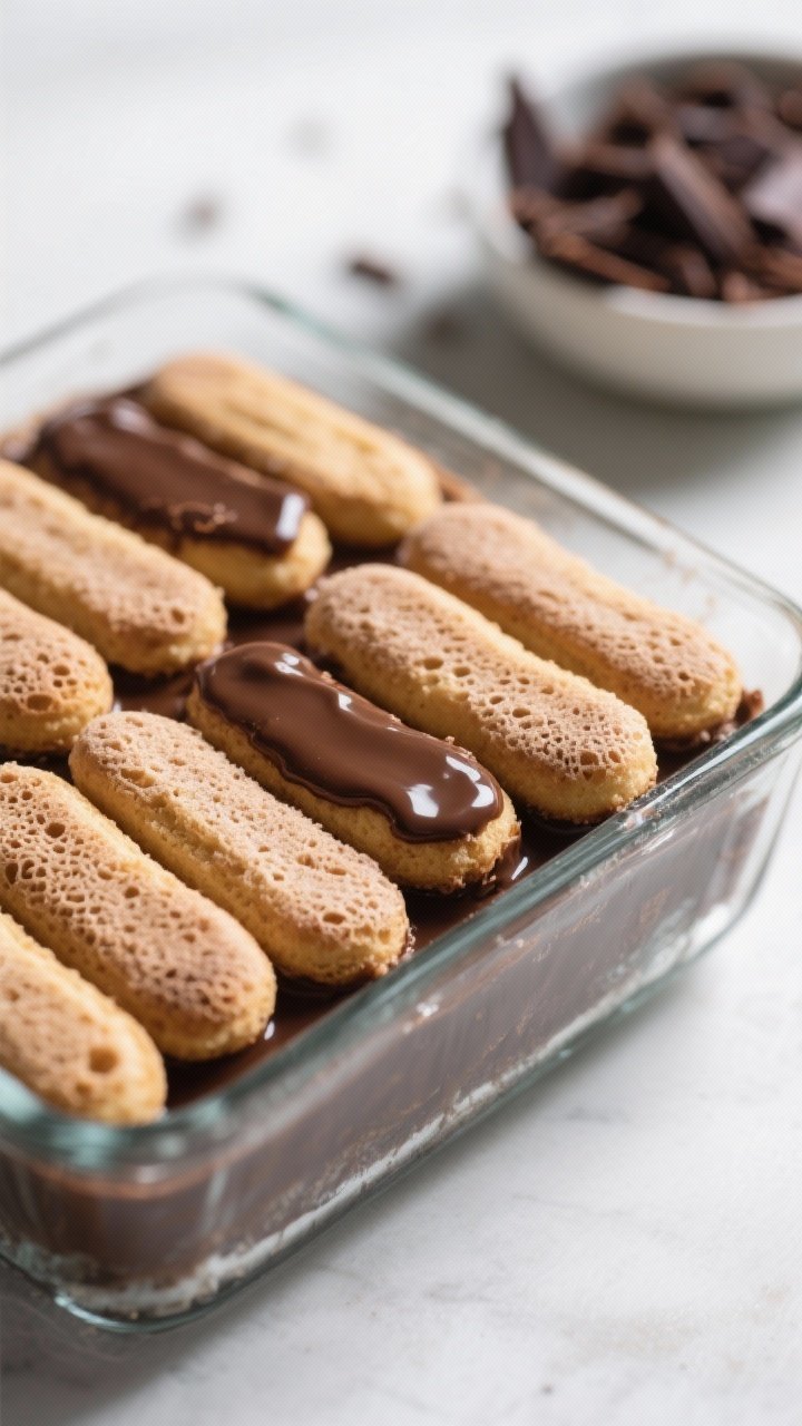 Close-up detail: A tight macro shot of a tidy layer of coffee-dipped ladyfingers being nestled into 