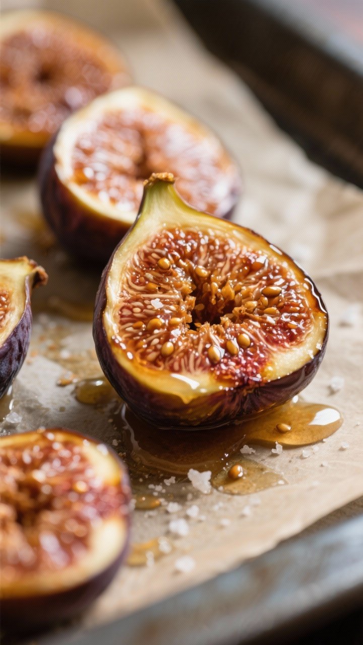 Close-up detail: A tight macro shot of glossy, honey-roasted fig halves just out of the oven, cut-si