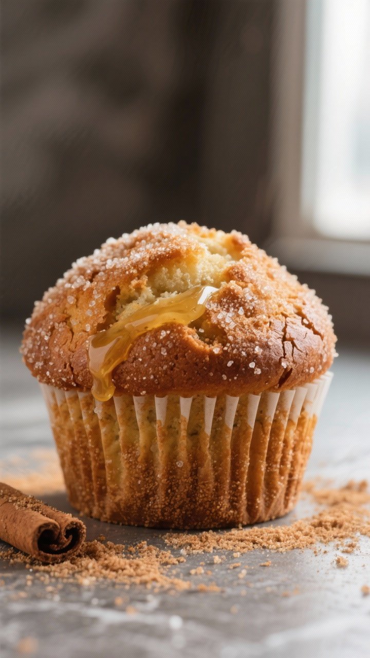 Close-up detail: A warm cinnamon sugar donut muffin just brushed with melted butter and rolled in ci