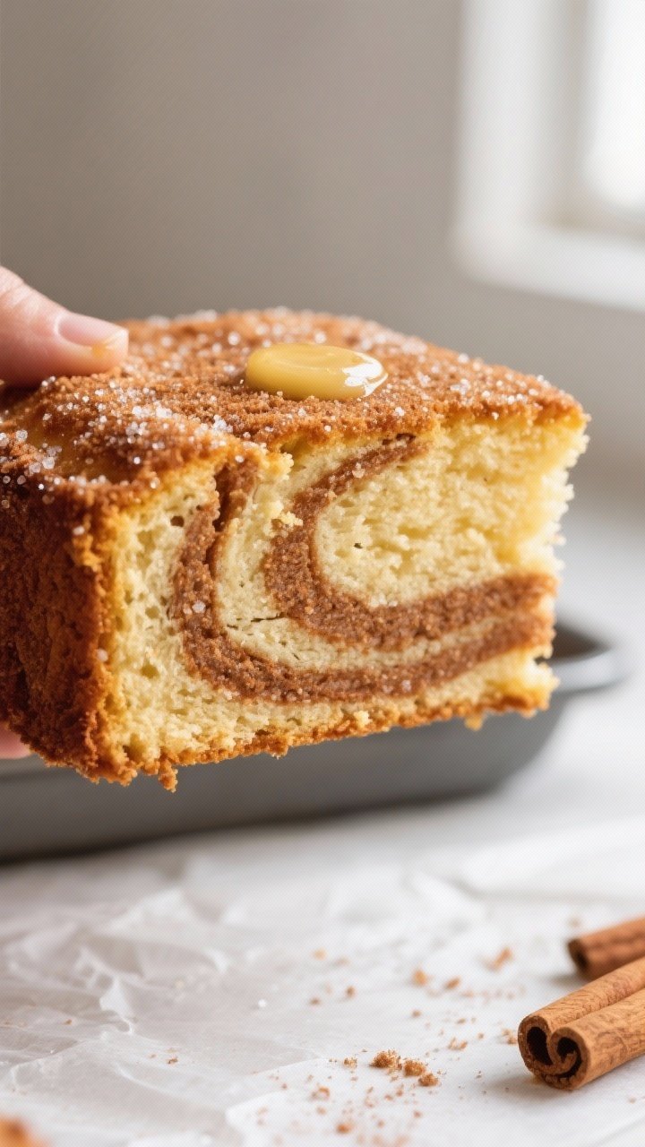 Close-up detail: A warm slice of cinnamon churro snack cake just lifted from the pan, showing a soft
