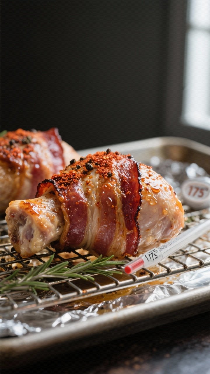 Close-up detail: Bacon-wrapped chicken thigh just out of the oven on a wire rack over a foil-lined s