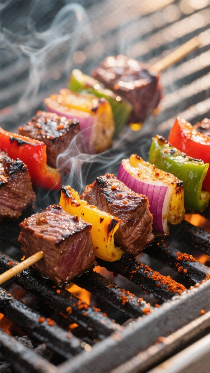 Close-up detail: Cajun grilled beef kabobs sizzling on the grill at medium-high heat, showing deep m