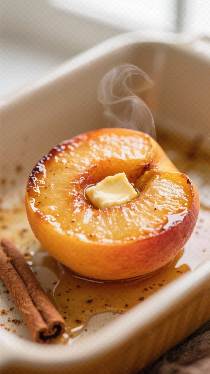 Close-up detail: Caramelized cinnamon-honey baked peach half fresh from the oven, butter melted into